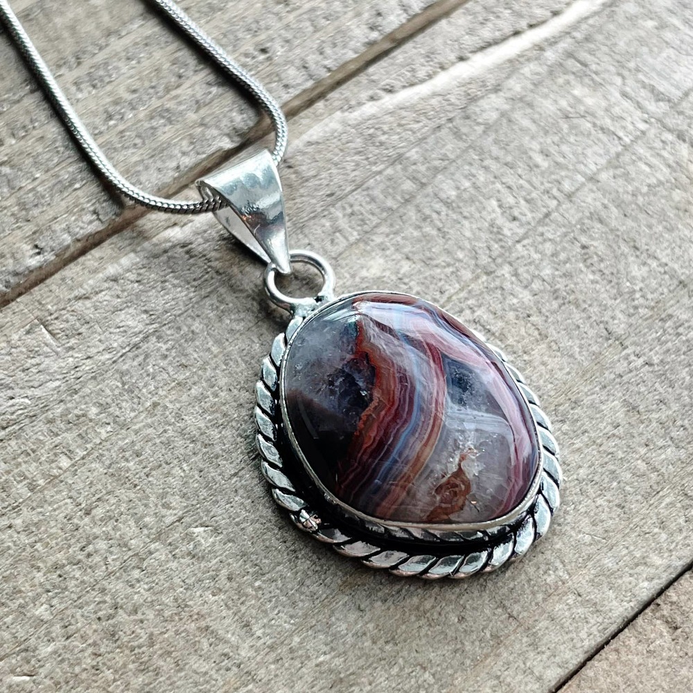 Red Lace Agate Pendant Necklace in 925 Sterling on 18" Silver Snake Chain #021